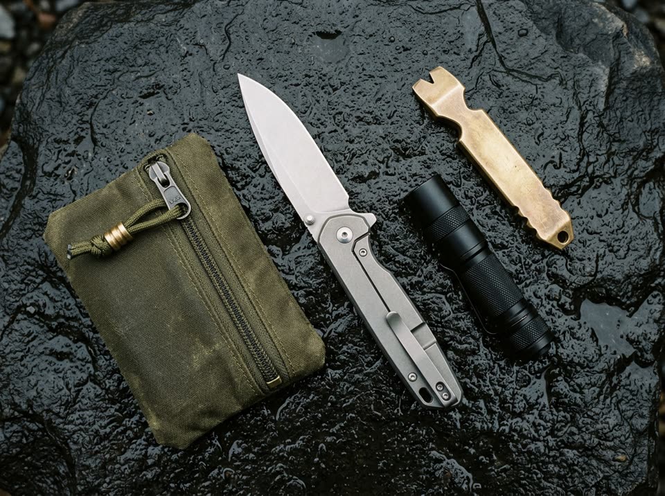 Titan-Klappmesser, schwarze Aluminium-Taschenlampe, massiver Messing-Hebel und gewachste Tasche auf nassem Basalt.