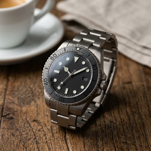 Montre de plongée automatique en titane brossé posée sur une table en bois près d’une tasse d’espresso.
