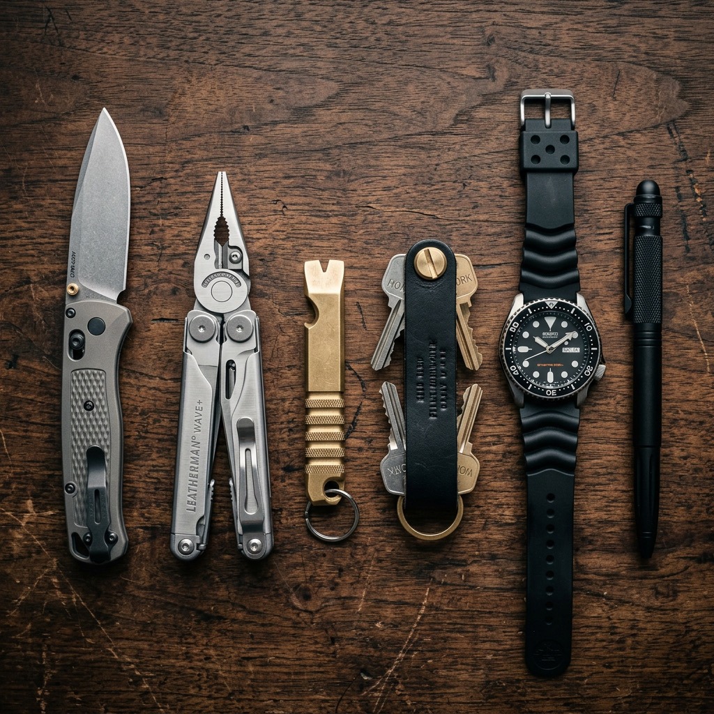 Flatlay EDC sur bois rustique sombre : couteau pliant en titane, pince multifonction, mini pied-de-biche en laiton, étui à clés en cuir, montre de plongée automatique et stylo tactique.