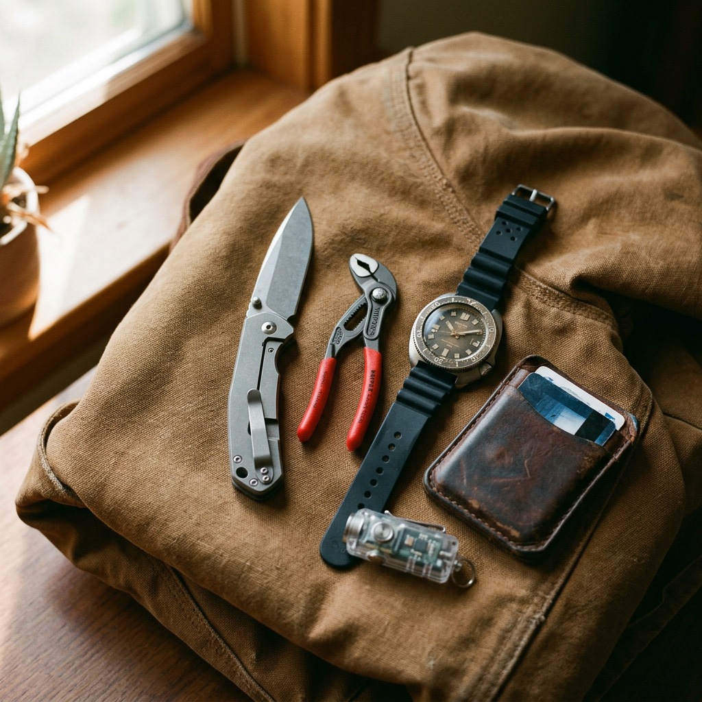 Vidage de poche sur veste en toile cirée : couteau pliant en titane, mini-pince, montre de plongée vintage et portefeuille en cuir.
